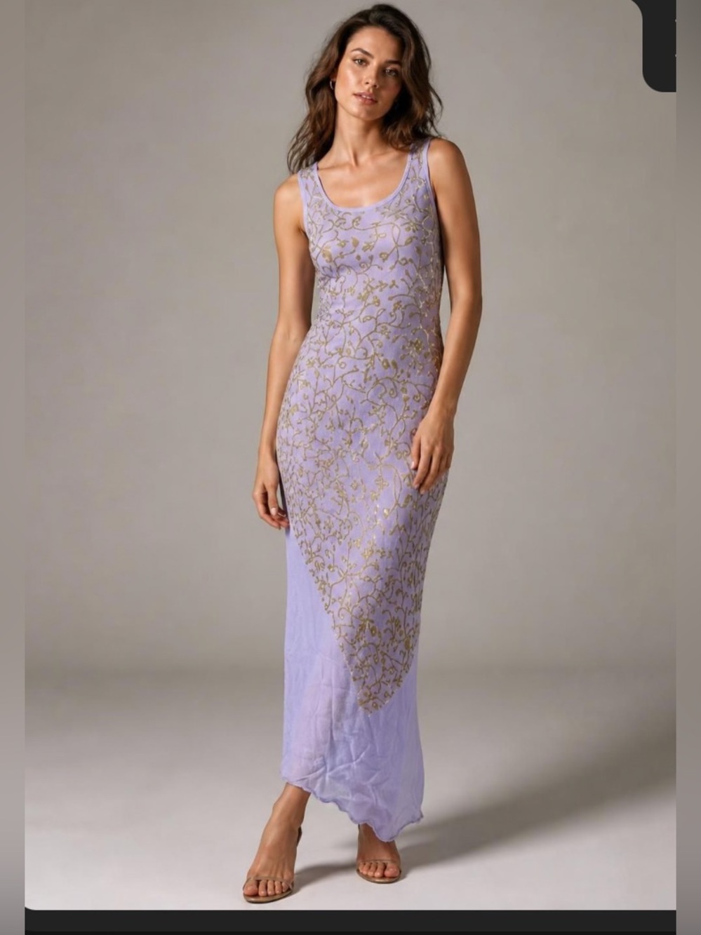 Betsey Johnson Designer Lavender purple w/gold vine sleeveless maxi Dress size 6
